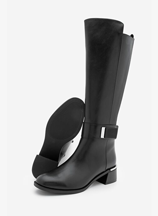 Kadın Günlük Bilekten Tokalı Metal Ökçe Fermuarlı Lastikli Topuklu Çizme Ayole Siyah - Görsel 8