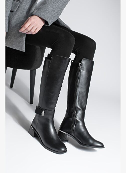 Kadın Günlük Bilekten Tokalı Metal Ökçe Fermuarlı Lastikli Topuklu Çizme Ayole Siyah - Görsel 5