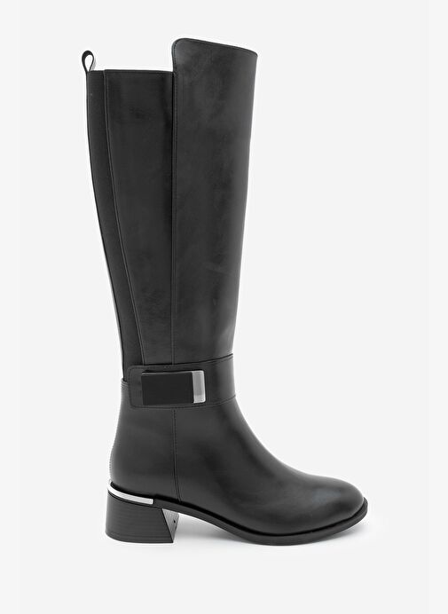 Kadın Günlük Bilekten Tokalı Metal Ökçe Fermuarlı Lastikli Topuklu Çizme Ayole Siyah - Görsel 4