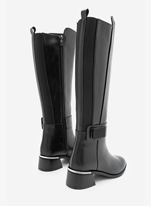 Kadın Günlük Bilekten Tokalı Metal Ökçe Fermuarlı Lastikli Topuklu Çizme Ayole Siyah - Görsel 6