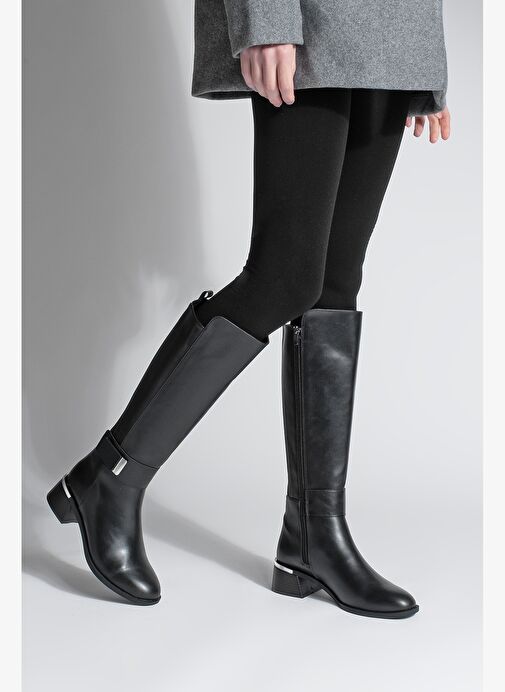 Kadın Günlük Bilekten Tokalı Metal Ökçe Fermuarlı Lastikli Topuklu Çizme Ayole Siyah - Görsel 7