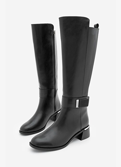 Kadın Günlük Bilekten Tokalı Metal Ökçe Fermuarlı Lastikli Topuklu Çizme Ayole Siyah - Görsel 2