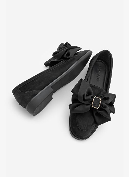 Kadın Loafer Tokalı Fiyonk Detaylı Saten Günlük Ayakkabı Arvus Siyah Süet - Görsel 7
