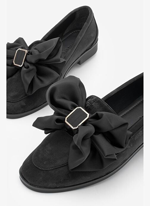Kadın Loafer Tokalı Fiyonk Detaylı Saten Günlük Ayakkabı Arvus Siyah Süet - Görsel 6