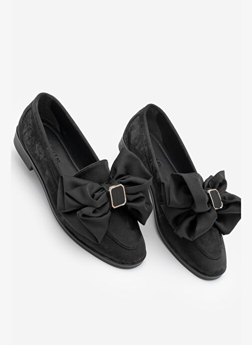 Kadın Loafer Tokalı Fiyonk Detaylı Saten Günlük Ayakkabı Arvus Siyah Süet - Görsel 2