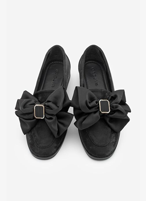 Kadın Loafer Tokalı Fiyonk Detaylı Saten Günlük Ayakkabı Arvus Siyah Süet - Görsel 5