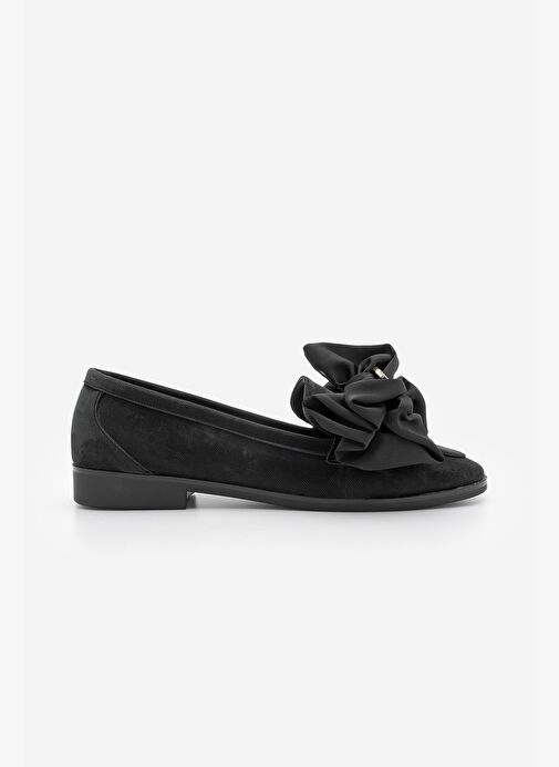 Kadın Loafer Tokalı Fiyonk Detaylı Saten Günlük Ayakkabı Arvus Siyah Süet - Görsel 3