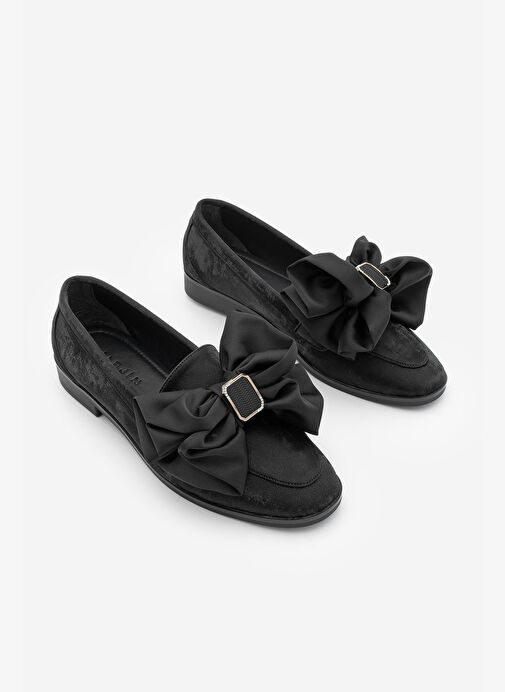 Kadın Loafer Tokalı Fiyonk Detaylı Saten Günlük Ayakkabı Arvus Siyah Süet - Görsel 4
