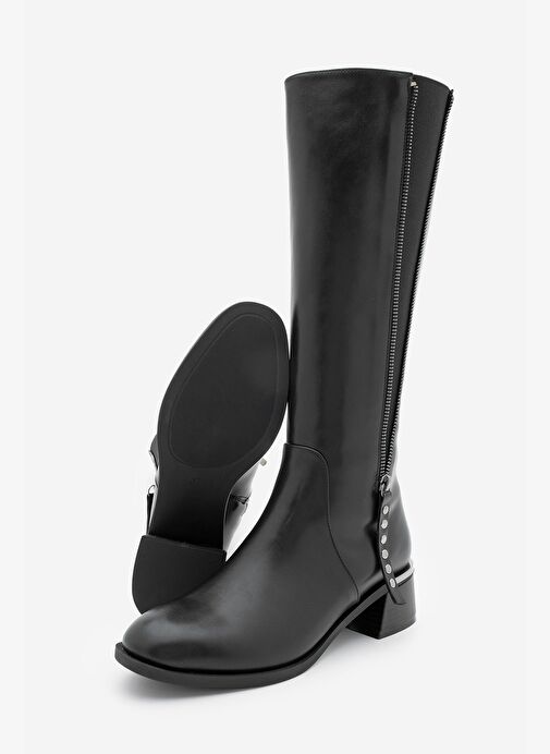 Kadın Fermuar Aksesuarlı Metal Ökçeli Kalın Topuklu Çizme Aneka Siyah - Görsel 7
