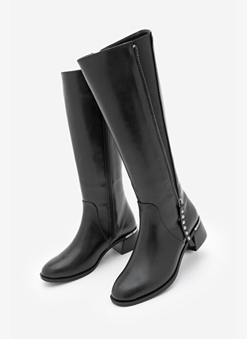Kadın Fermuar Aksesuarlı Metal Ökçeli Kalın Topuklu Çizme Aneka Siyah - Görsel 2