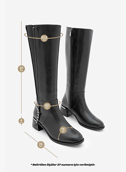 Kadın Fermuar Aksesuarlı Metal Ökçeli Kalın Topuklu Çizme Aneka Siyah - Görsel 8