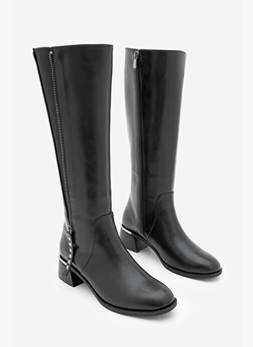 Kadın Fermuar Aksesuarlı Metal Ökçeli Kalın Topuklu Çizme Aneka Siyah - Görsel 4