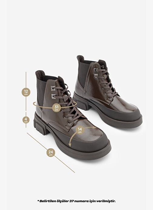 Kadın Bağcıklı Lastikli Kalın Topuklu Kısa Postal Bot Kenvo Kahve Rugan - Görsel 8