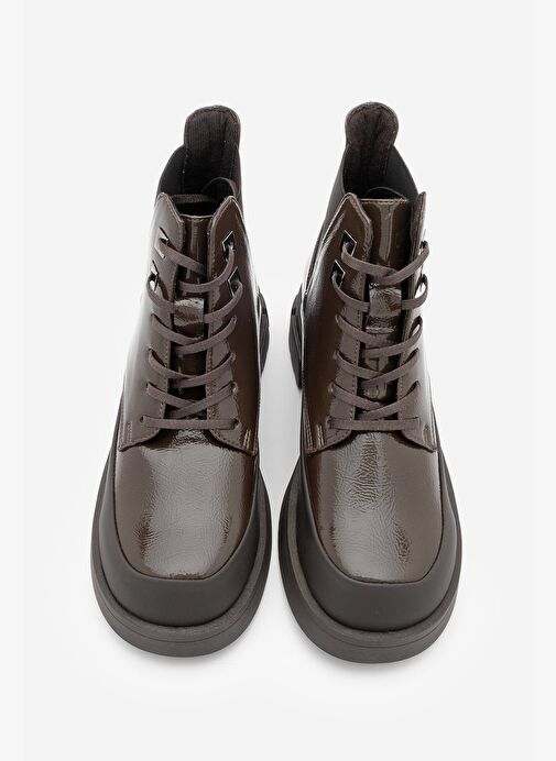 Kadın Bağcıklı Lastikli Kalın Topuklu Kısa Postal Bot Kenvo Kahve Rugan - Görsel 6