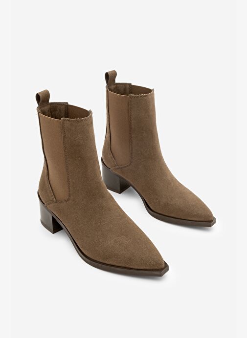 Kadın Sivri Burun Çift Lastikli Kalın Topuklu Bot Zefina Kahve Süet - Görsel 6