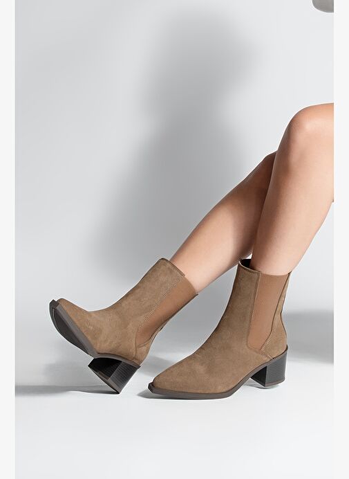 Kadın Sivri Burun Çift Lastikli Kalın Topuklu Bot Zefina Kahve Süet - Görsel 3