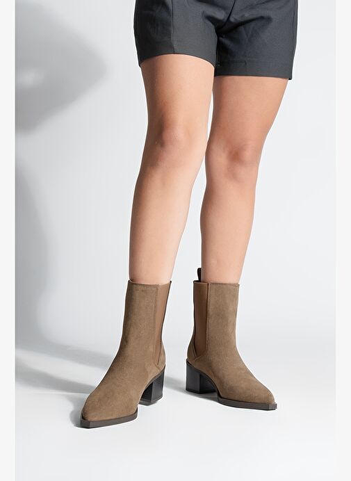 Kadın Sivri Burun Çift Lastikli Kalın Topuklu Bot Zefina Kahve Süet - Görsel 5