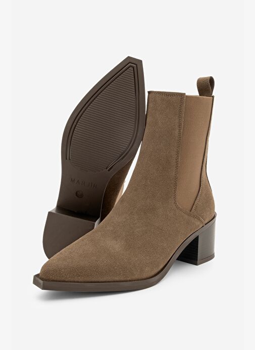Kadın Sivri Burun Çift Lastikli Kalın Topuklu Bot Zefina Kahve Süet - Görsel 8