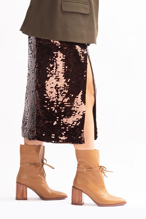 Raisa Gerçek Deri Bağcıklı Kadın Topuklu Bot Taba Deri - Görsel 2