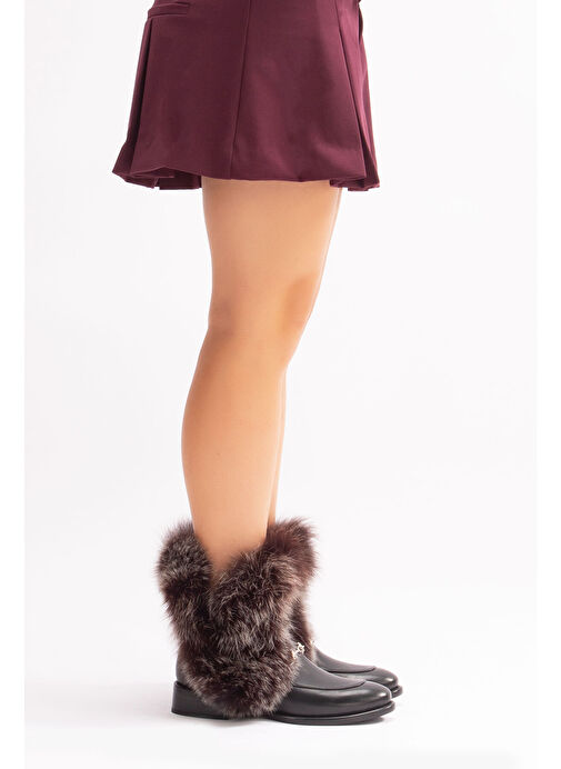 Reina Gerçek Deri Kadın Bot Siyah Deri Kürklü - Görsel 5