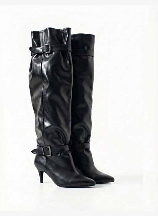 Kadın Siyah Kemer Detaylı Kırışık Rugan Tokalı Uzun Çizme - Görsel 2