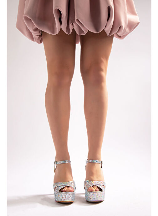 Camelia Kadın Abiye Platform Topuklu Ayakkabı Gümüş Taşlı - Görsel 5