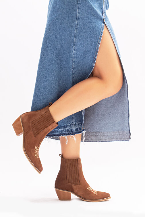 Milan Gerçek Deri Kadın Western Bot Kahve Süet - Görsel 2