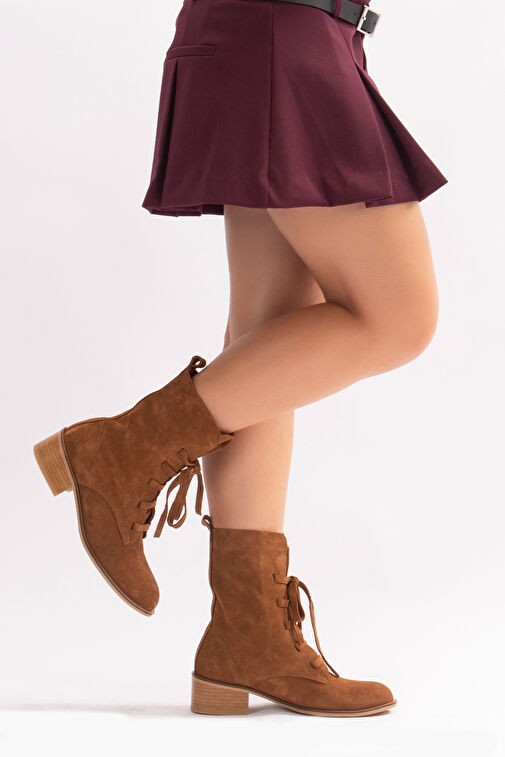 Marian Gerçek Deri Kadın Bot Bağcıklı Taba Süet - Görsel 8