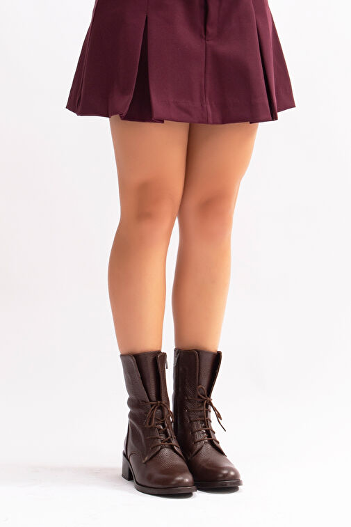 Mandy Gerçek Deri Kadın Bot Kahve Fermuarlı Bağcıklı - Görsel 2