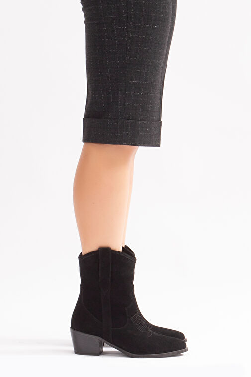 Merita Gerçek Deri Kadın Western Bot Siyah Süet - Görsel 6