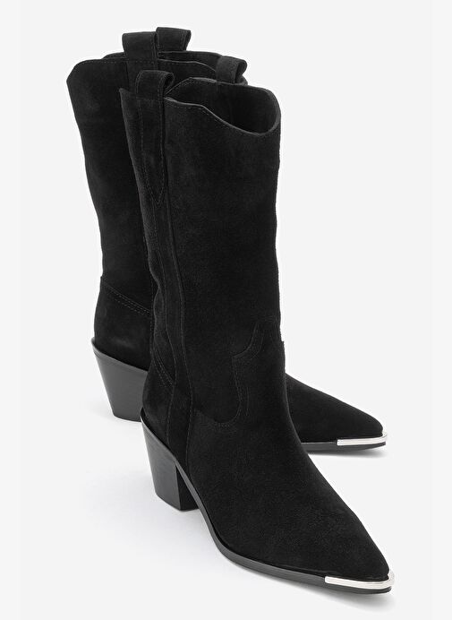 ALVI Siyah Süet Hakiki Deri Metal Detaylı Kadın Western Bot - Görsel 2