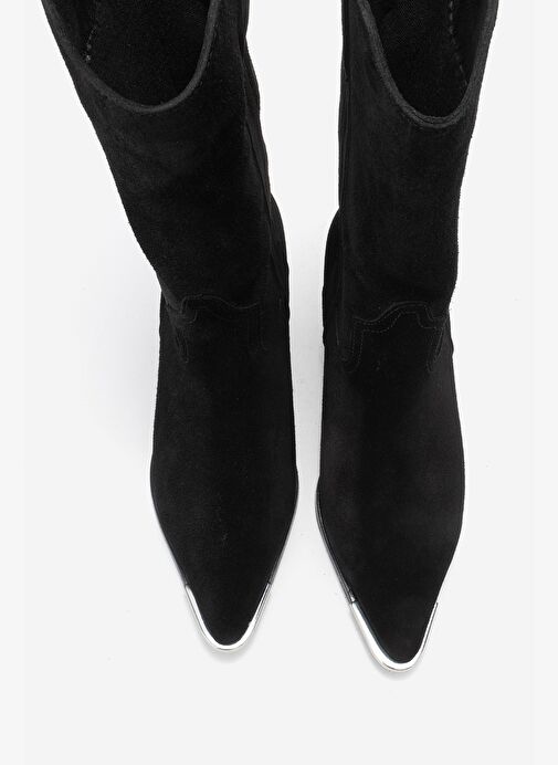 ALVI Siyah Süet Hakiki Deri Metal Detaylı Kadın Western Bot - Görsel 3