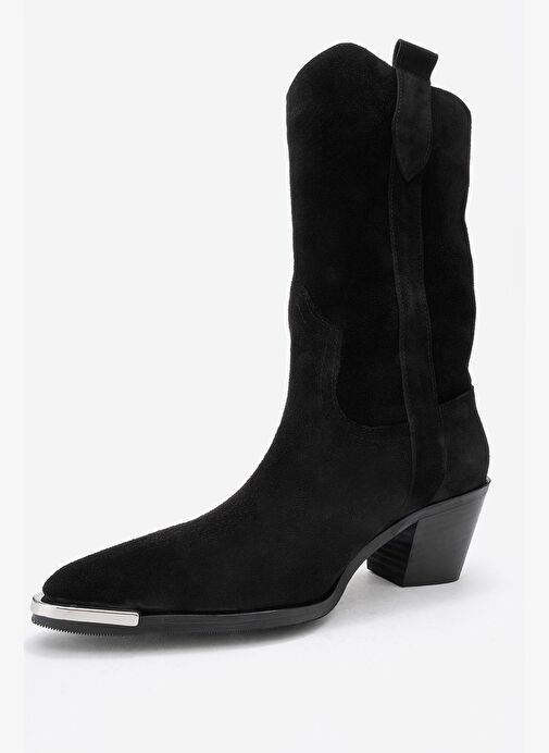 ALVI Siyah Süet Hakiki Deri Metal Detaylı Kadın Western Bot - Görsel 5