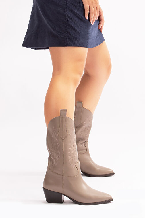 Avlonya Gerçek Deri Kadın Western Çizme Vizon - Görsel 6