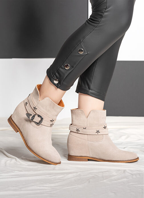 Nemesis Gerçek Deri Kadın Dolgu Taban Bot Bej Süet - Görsel 2