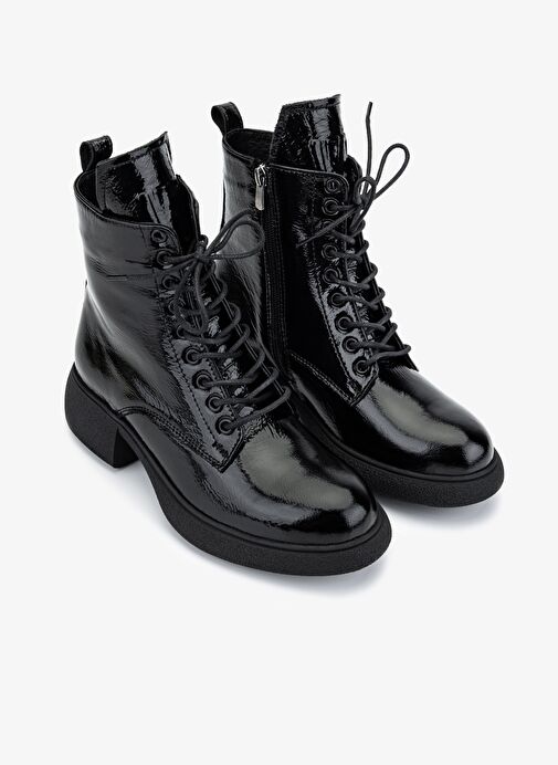 Valmenti Kadın Hakiki Deri Siyah Kırışık Rugan Düz Bot - Görsel 3