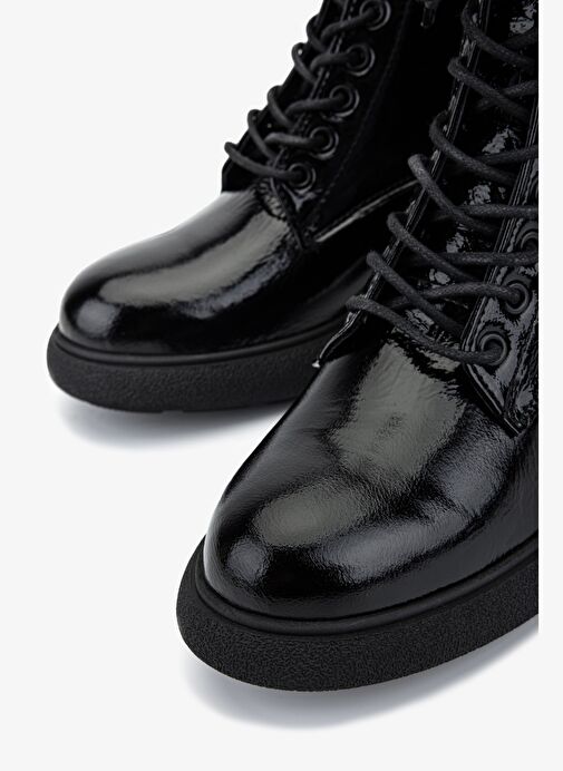 Valmenti Kadın Hakiki Deri Siyah Kırışık Rugan Düz Bot - Görsel 4