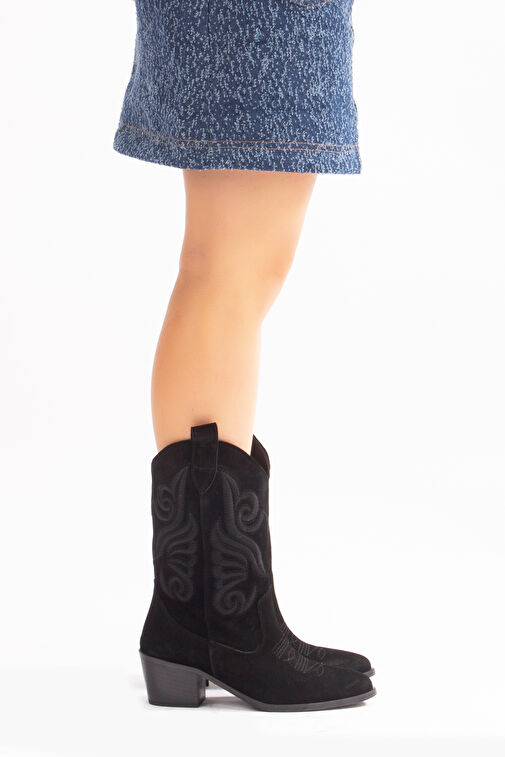 Mariel Gerçek Deri Kadın Western Çizme Siyah Süet - Görsel 3