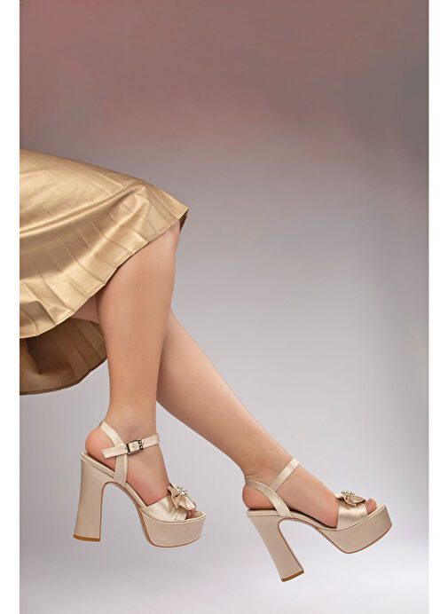 Jade Kadın Abiye Platform Topuklu Ayakkabı Bej Saten - Görsel 4