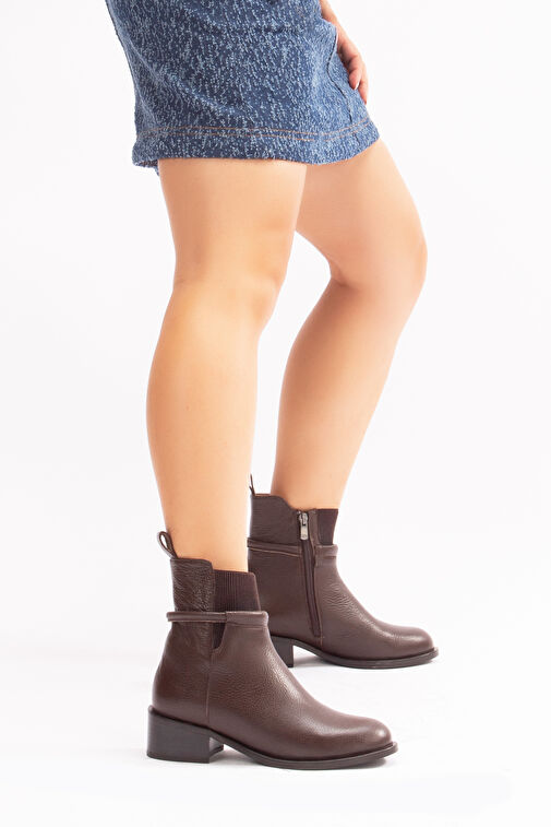 Suela Gerçek Deri Fermuarlı Kadın Bot Kahve - Görsel 2