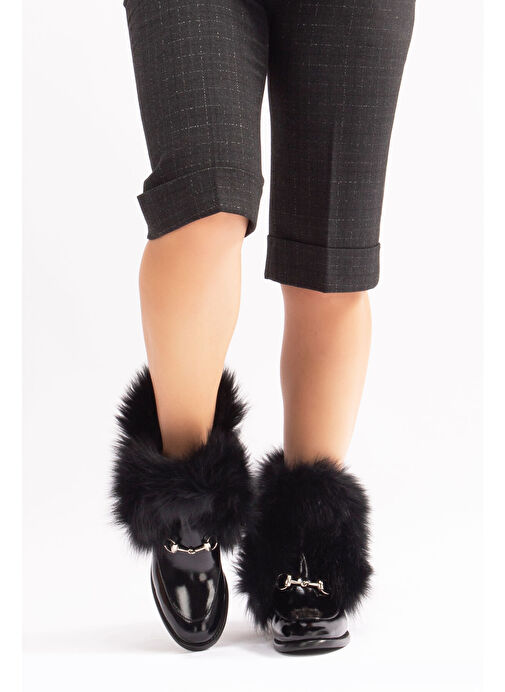 Reina Gerçek Deri Kadın Bot Siyah Rugan Deri Kürklü - Görsel 9