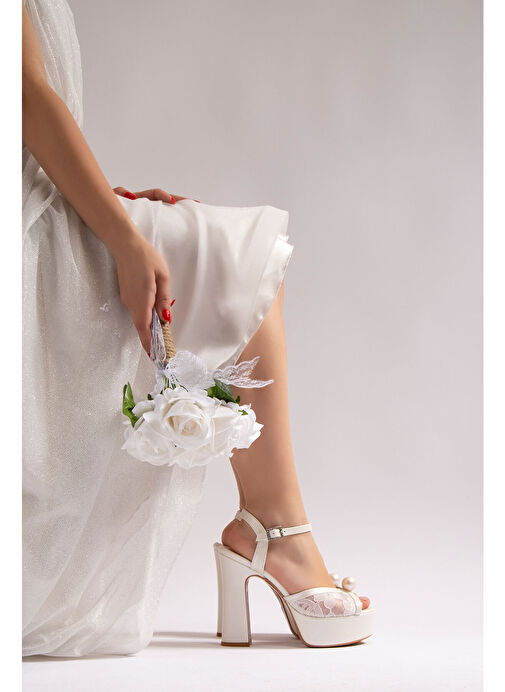 Lori Kadın Platform Topuklu Gelinlik Ayakkabı İnci Beyaz Sedef Dantel - Görsel 2