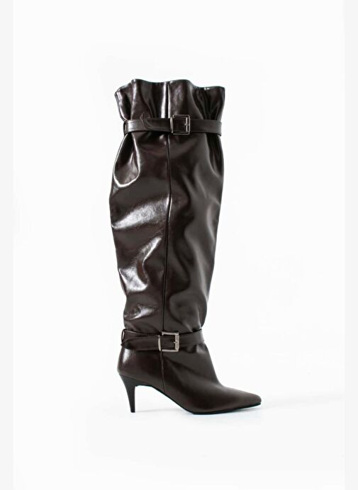 Kadın Acı Kahve Kemer Detaylı Kırışık Rugan Tokalı Uzun Çizme - Görsel 3