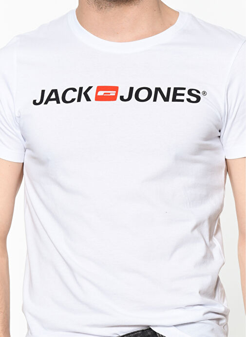 Jack & Jones Bisiklet Yaka Kısa Kol Slim Fit Baskılı %100 Pamuk Beyaz Erkek T-Shirt