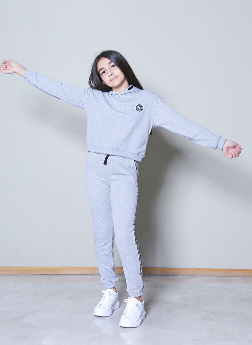 Limon Gri Melanj Kız Çocuk Kapüşonlu Uzun Kollu Dar Baskılı Sweatshirt ENY GIRL D1