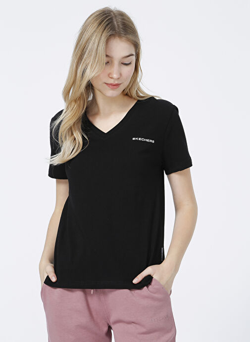 Skechers S212399-001 New Basics W V Neck Tee Siyah Kadın V Yaka Normal Kalıp T-Shirt