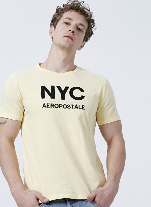 Aeropostale Bisiklet Yaka Nakışlı Açık Sarı Erkek T-Shirt E-9279