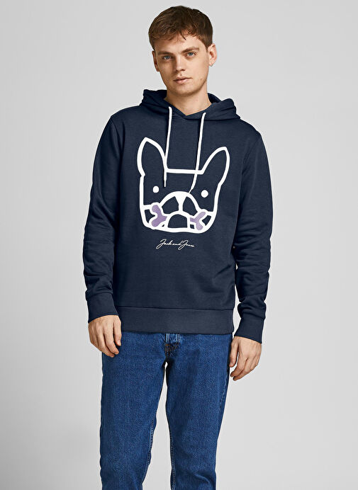 Jack & Jones 12207655_Jormate Sweat Hood Fst Kapüşonlu  Regular Fit Baskılı Lacivert Erkek Sweatshirt