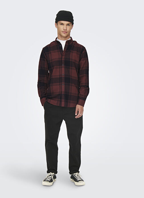 Only & Sons Düz Bordo Erkek Gömlek 22022446_ONSSOLL LS CHECK SHIRT