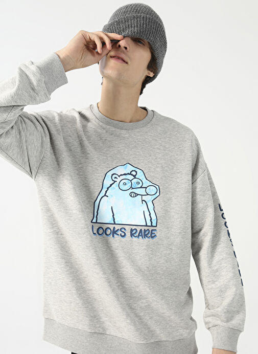 Fluffy Bisiklet Yaka Oversize Gri Erkek Sweatshirt FLUFFY-E-8